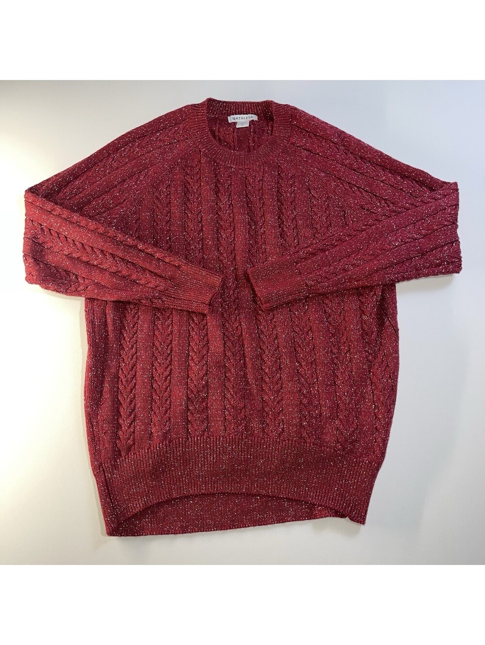Athleta Crossroads Crew Sweater Small Red Metallic Cable Knit Merino Wool